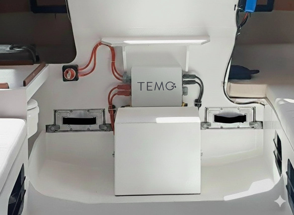 Intérieur d'un bateau avec installation TEMO dont racks batteries intégrés.