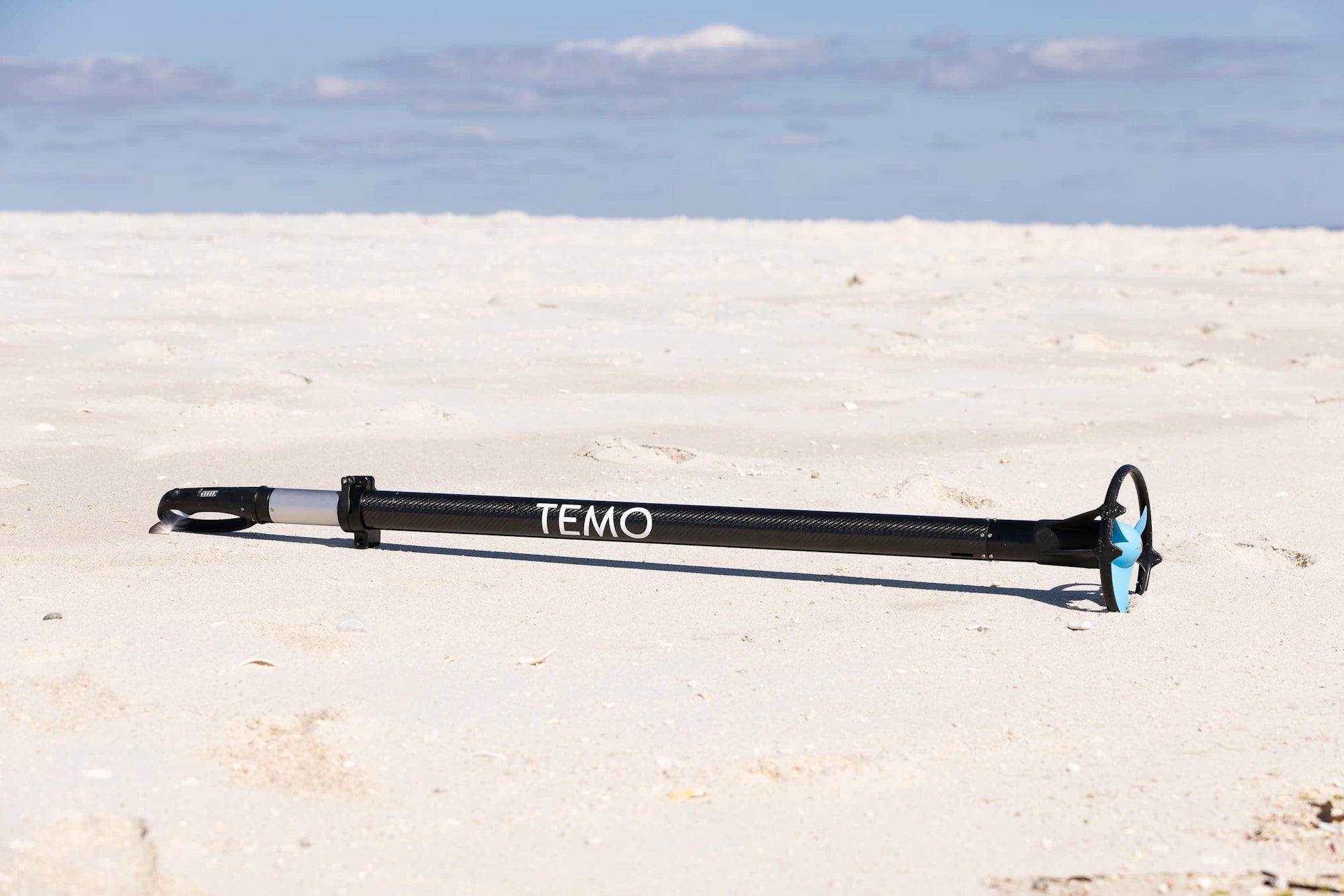 Hors-bord électrique TEMO·450 édition carbon positionné sur la plage